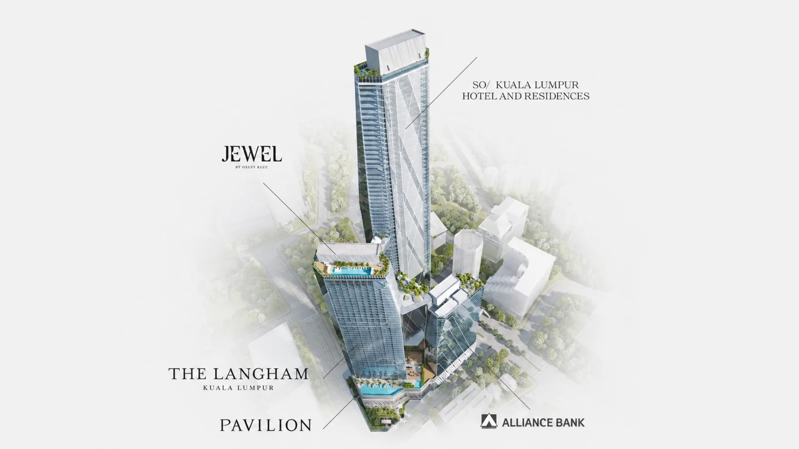 Oxley KLCC 綜合體結構圖:SO/ KL 酒店住宅、Jewel、The Langham、Pavilion 與 Alliance Bank 辦公樓